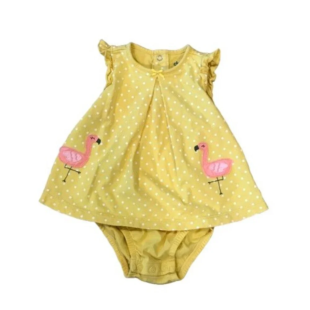 Girl's 12 Month Carter's One piece bodysuit w/ dress Yellow w/ Flamingos